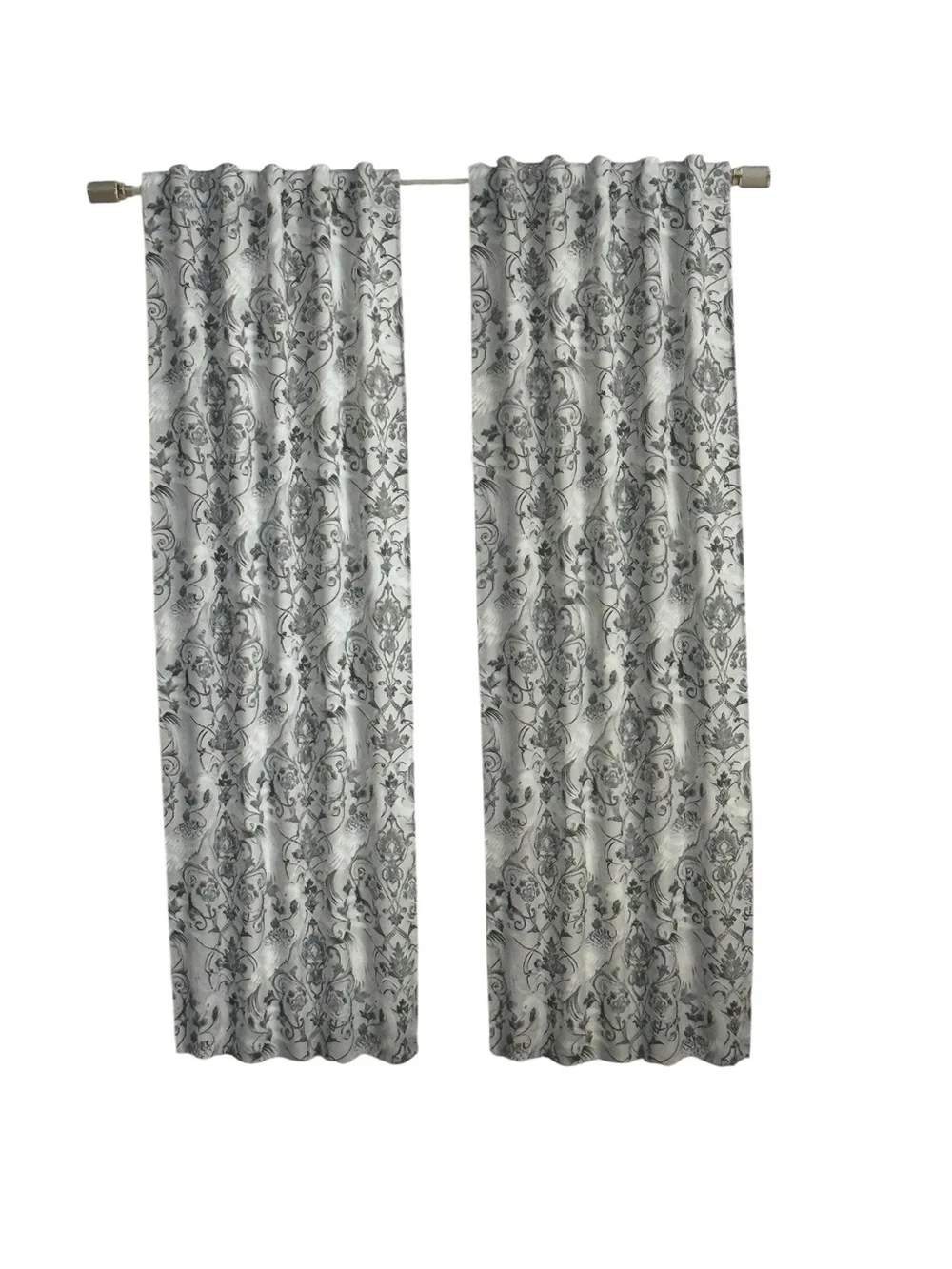 NWT Laura Ashley Cotton Blend Bird Damask Back Tab Curtain Panel Pair Gray 38x96